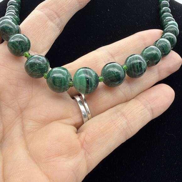 Estate Jewelry - Vintage Graduated Malachite Bead Necklace Green Banded Stone 22" Estate 81.36 G